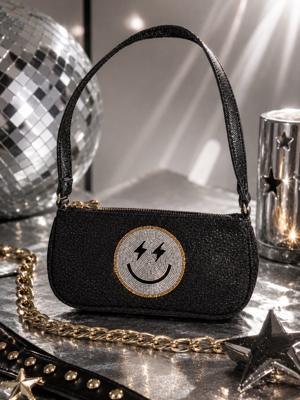 Skinnydip Rhinestone Smiley Face Baguette Shoulder Bag Glam